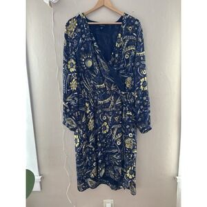 Lands End Womens Faux Wrap Dress Size 24W Blue Floral Wedding Dress Career Plus